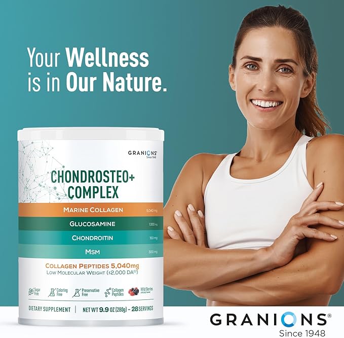 Glucosamine Chondroitin MSM Powder – Joint Supplements for Men and Women - Chondrosteo, Hydrolyzed Marine Collagen Peptides, Essential Vitamins Minerals Nutritional Complex – Wild Berry 9.9oz