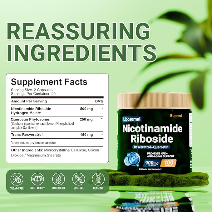 Nicotinamide Riboside 900mg with Resveratrol & Quercetin, NMN Supplement Alternative for Anti-Aging, Energy-100 Capsules