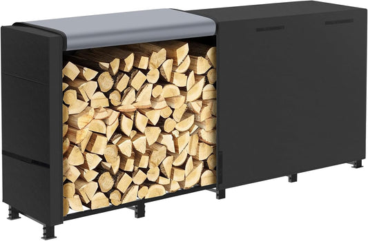 8ft Firewood Rack Outdoor with Waterproof Widened Cover, Heavy Duty Firewood Holder Included Supporting Strap, Powder-coated Wood Rack for Firewood Storage