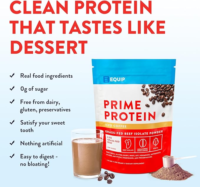 Equip Foods Prime Protein Powder | Clean, Grass Fed Beef Protein Isolate | Carnivore Protein Powder | Paleo, Keto Friendly | Gluten, Dairy Free | Helps Build & Repair Tissue | 30 Servings, Iced Coffee