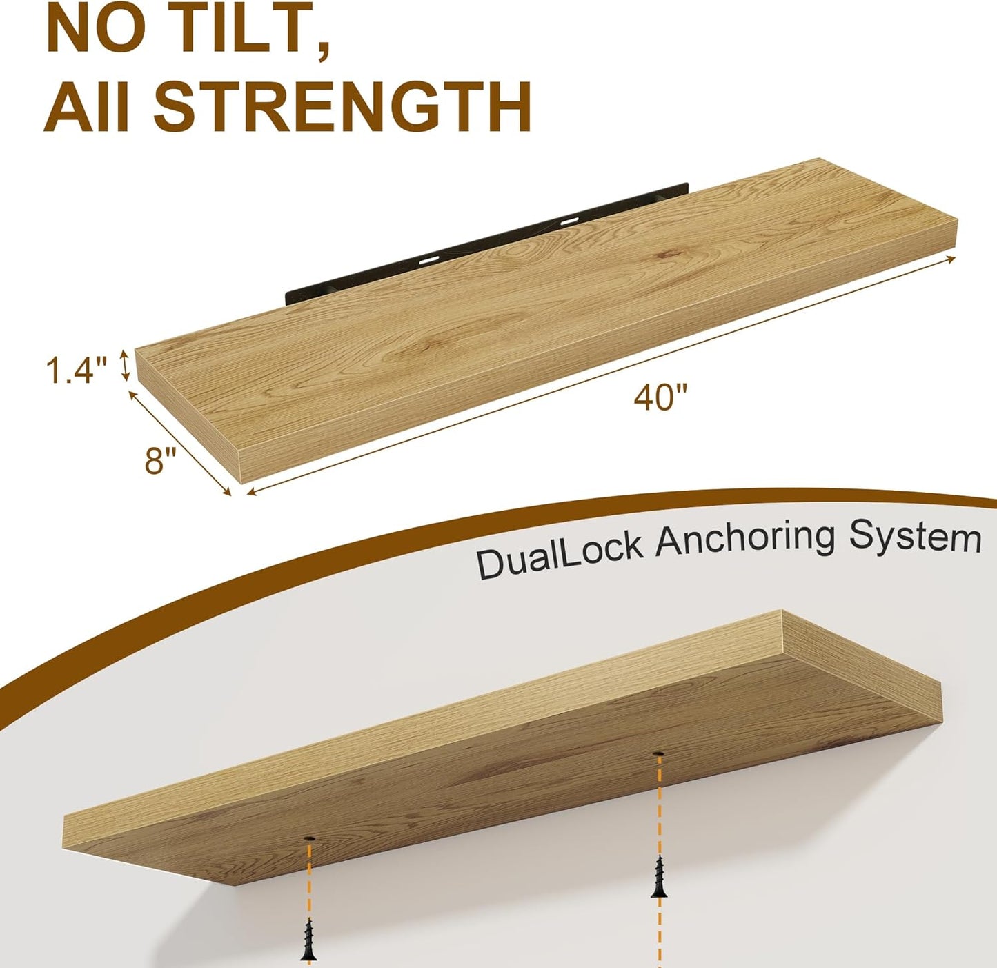 40 Inch Floating Shelves Set of 2, 8 Inch Deep Wall Shelf, Rustic Wood Storage Shelves for Bedroom, Kitchen, Bathroom, Wall-Mounted Shelf with Invisible Brackets for Books|Storage|Decor, Oak