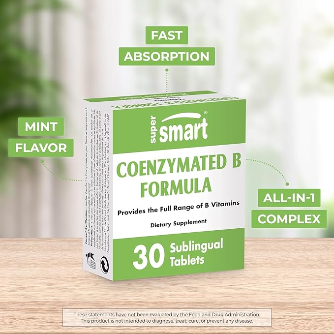 Supersmart - Coenzymated B Formula (Fast Absorption) - All-in-1 Coenzyme B Complex Vitamin Supplement - Natural Mint Flavor | Non-GMO & Gluten Free - 30 Sublingual Tablets