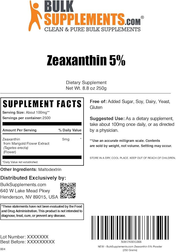 BulkSupplements.com Zeaxanthin Powder - Zeaxanthin Supplements, from Marigold Flower Extract - Gluten Free, 100mg (Zeaxanthin 5mg) per Serving, 250g (8.8 oz) (Pack of 1)