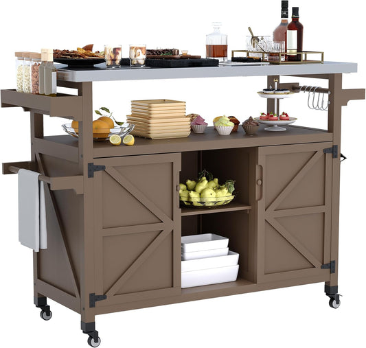 Outdoor Grill Cart with Storage Cabinet, Wood Outdoor Kitchen Island on Wheels, Grill Cart Table with Stainless Steel Table Top, Spice Rack, Towel Rack & Lockable Wheels for Kitchen,BBQ, Coffee