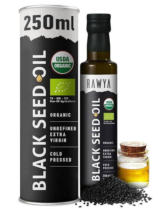 RAWYA Black Seed Oil - USDA Organic Certified - Cold Pressed - 8.4 Fl oz - Extra Virgin - Turkish Black Cumin Seed - Premium Nigella Sativa with Thymoquinone - Kalonji - Non-GMO, Gluten-Free - Nutritional Supplements - Extra Strong Taste