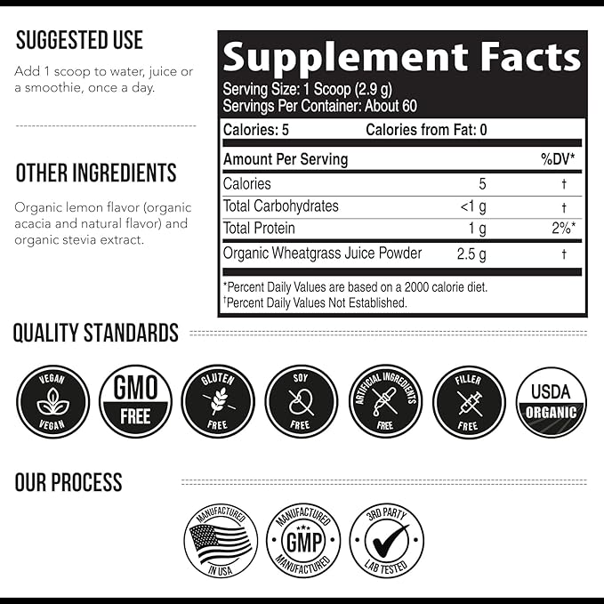 Organic Wheatgrass Juice Powder - Organically Grown in Volcanic Soil of Utah - Raw & BioActive Form, Cold-Pressed Then CO2 Dried, 20:1 Super Concentrate - Lemon (6.2 oz - 60 Servings)