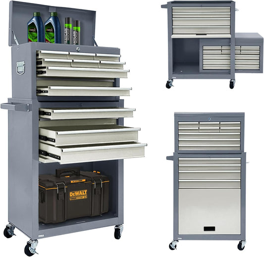 13-Drawer Rolling Tool Chest, 2 in 1 Detachable Tool Chest,Tool Box with Drawers and Wheels, Large Tool Cabinet with Lock, Metal Standing Toolbox for Garage Workshop-Gray&White