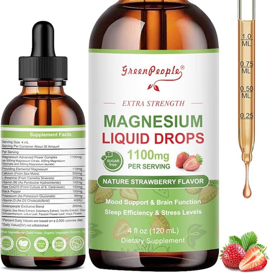 Magnesium Glycinate Liquid Drop - 17-in-1 4Fl. Oz Triple Magnesium Complex Supplement with Glycinate 400mg & Citrate 500mg Taurate/L-Theanine for Calm Mood/Muscle/Sleep,Strawberry Flavor