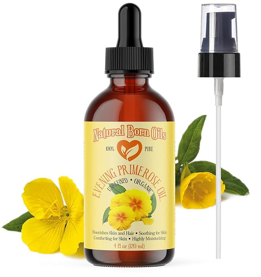 Natural Born Oils 4oz Evening Primrose Oil, 100% Pure and Natural, Organic, Cold-pressed, Unrefined, Moisturizing, Includes Pump & Dropper