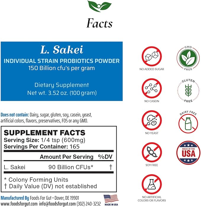 Lactobacillus Sakei Probiotic Powder 150 Billion cfu's | Made in USA | No Additives | Sinus and Sinusitis Relief | High Potency | L. Sakei | 100 Grams (3.52 Oz)