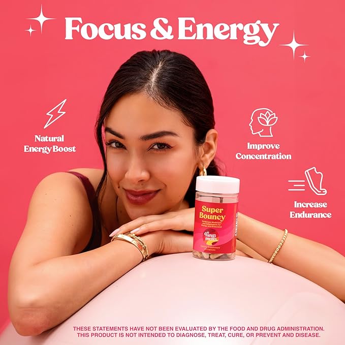 Super Bouncy - Mushroom Supplement - Cordyceps Mushrooms, Green Tea, Ginseng - Energy and Focus (60 Capsules)