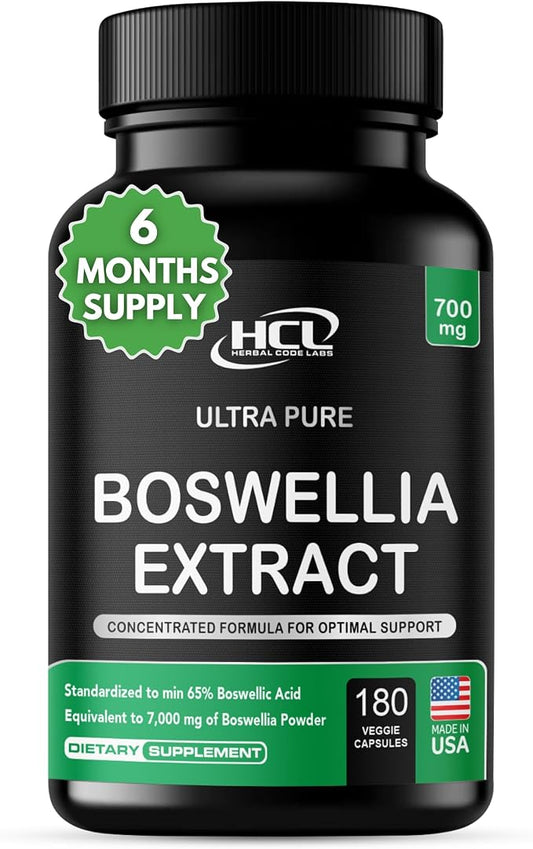 Boswellia Serrata Extract Capsules 65% Boswellic Acid 700mg Equal to 7000mg Resin Powder, Extra Strength & Superior Absorption, 6 Month Supply 180 Vegan Capsules Non-GMO