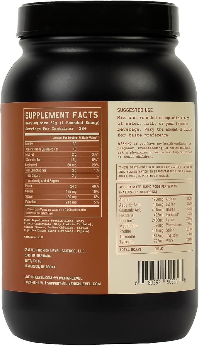 High Level Whey Protein Powder, Natural Salted Caramel Shake, 24g Protein, 2 lb, Ultra-Filtered, Non-GMO, Stevia Sweetened, Digestive Enzymes, Gluten Free, No Artificial Additives, Made in USA