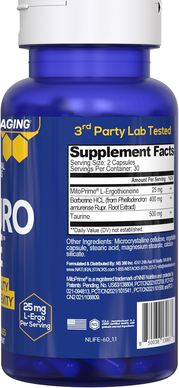 NeuroLife Longevity Supplement - 500mg Taurine & 400mg Berberine Supplement - Clinically Tested MitoPrime L-Ergothioneine - Brain Support for Cognitive Vitality - 60 Berberine Capsules
