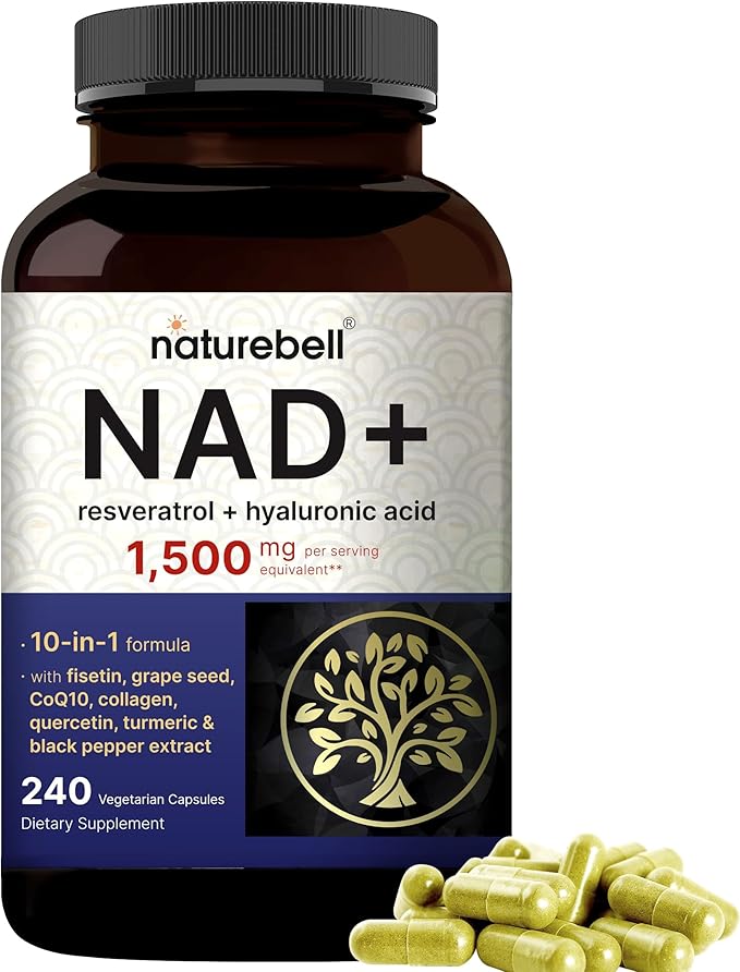 NatureBell NAD+ 1,500mg Per Serving, 240 Veggie Capsules | NMN Supplement Alternative | 10-in-1 Complex with Resveratrol Plus Hyaluronic Acid, Quercetin, Fisetin, Collagen, & More – Non-GMO