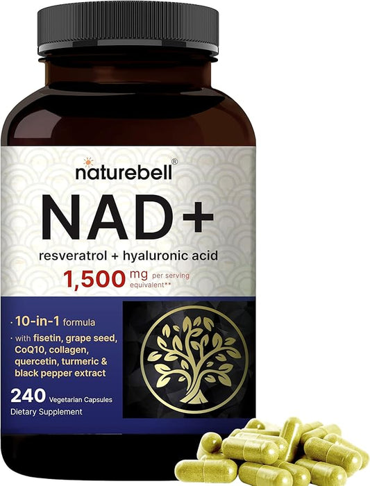 NatureBell NAD+ 1,500mg Per Serving, 240 Veggie Capsules | NMN Supplement Alternative | 10-in-1 Complex with Resveratrol Plus Hyaluronic Acid, Quercetin, Fisetin, Collagen, & More – Non-GMO