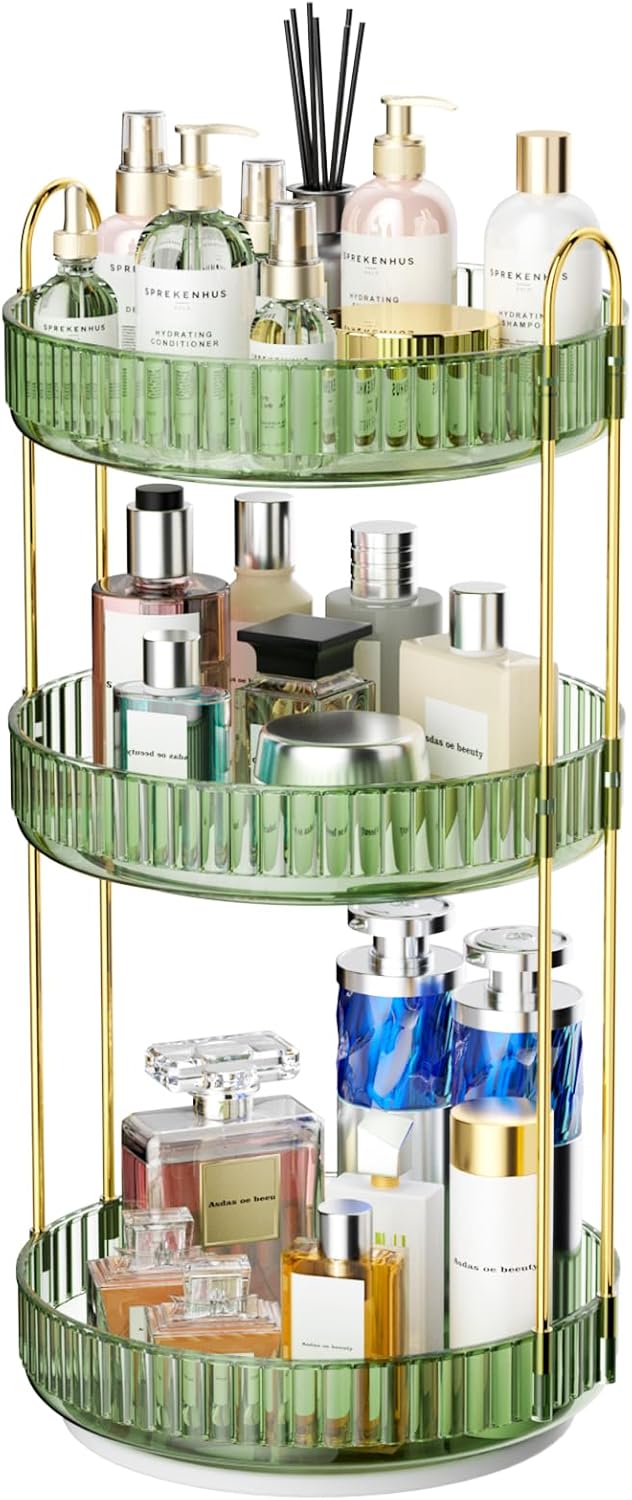 GTI 360°Rotating Makeup Organizer, 3 Tier Large Capacity Perfume Cosmetics Skincare Vanity Organizers,Bathroom Counter Organizer, Dresser Spinning Countertop Organizer and Storage for Women (Green)