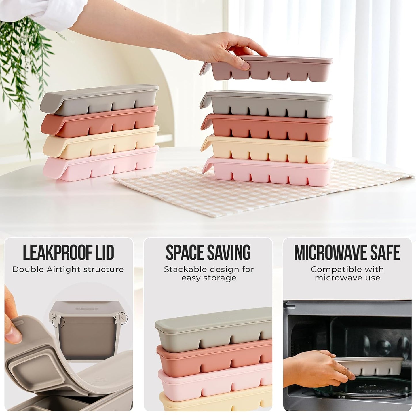 Silicone Ice Cube Freezer Tray with Lid, 100% Food-Grade Platinum Silicone,Leak Resistance & Dishwasher Safe for Baby Food Prep,Breast Milk,Purees - Korean Made (Beige 2-Pack 1 oz/6 Sections)