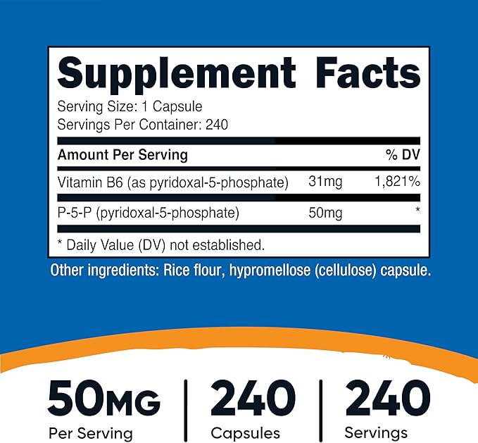 Nutricost P5P Vitamin B6 Supplement 50mg, 240 Capsules (Pyridoxal-5-Phosphate) - Vegetarian Friendly, Non-GMO, Gluten Free