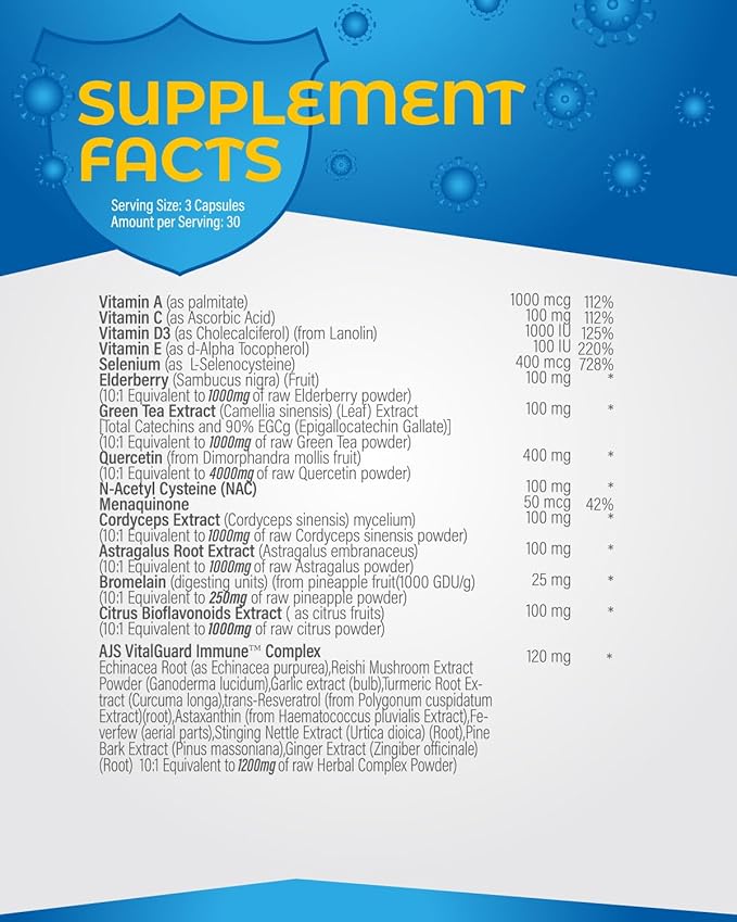 AJS Quercetin 4000mg with Nac Green Tea Cordycepscitrus Elderberry Selenium Bromelain Echinacea Turmeric Resveratrol Astaxanthin Feverfew Ginger Reishi Mushroom 90 Caps 20 in 1