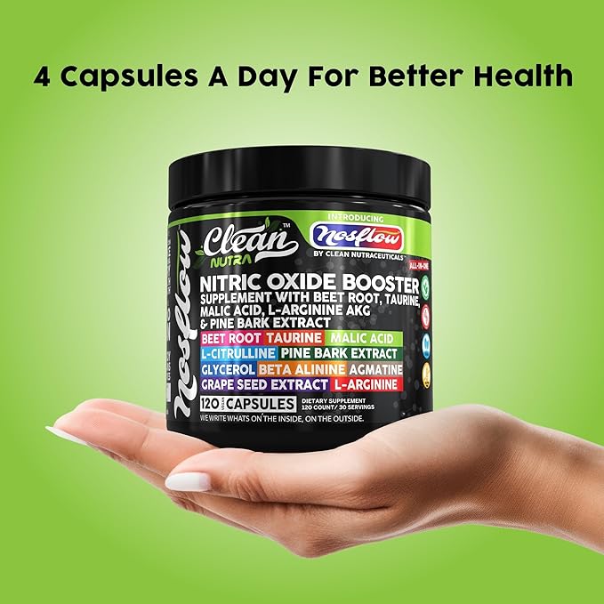 NosFlow Nitric Oxide Supplements for Men | Beet Root Taurine L-Arginine Malic Acid L-Arginine L-Citrulline Pine Bark Glycerol Agmatine Grape Seed Vitamin C B12 B3 by Clean Nutra