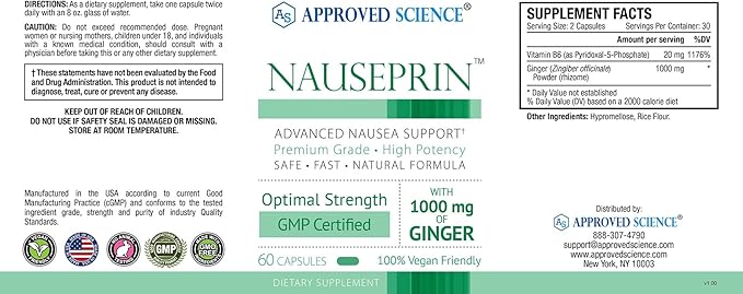 Approved Science Nauseprin - Ginger, Bioactive Vitamin B6-60 Capsules - Vegan