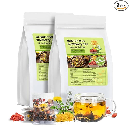 Dandelion Wolfberry Tea Bags, Natural Kidneys & Liver Health Tea with Dandelion, Chrysanthemum, Wolfberry, Cassia Seed, Licorice, Orange Peel, Gardenia, Dandelion Root Tea Organic(2 Pack/24 Bags)