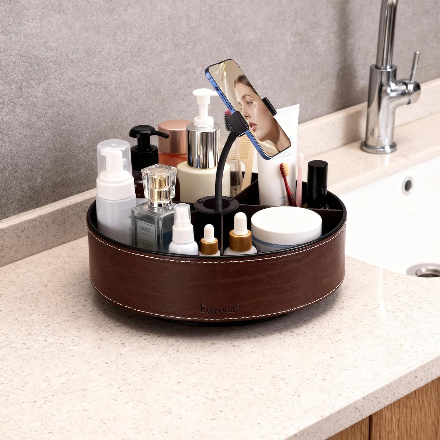 11.4 Inch Lazy Susan Turntable Organizer - 6 Removable Compartments with Phone Holder, 360° Rotating for Cabinet/Counter/Table. Spacious Storage for Food, Spices, Cosmetics & More.(Brown)
