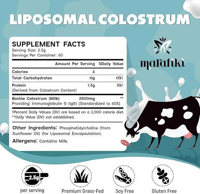 Marafiki Liposomal Bovine Colostrum Supplement - Grass Fed Colostrum Powder - High Bioavailability, Easy to Mix (60 Servings)