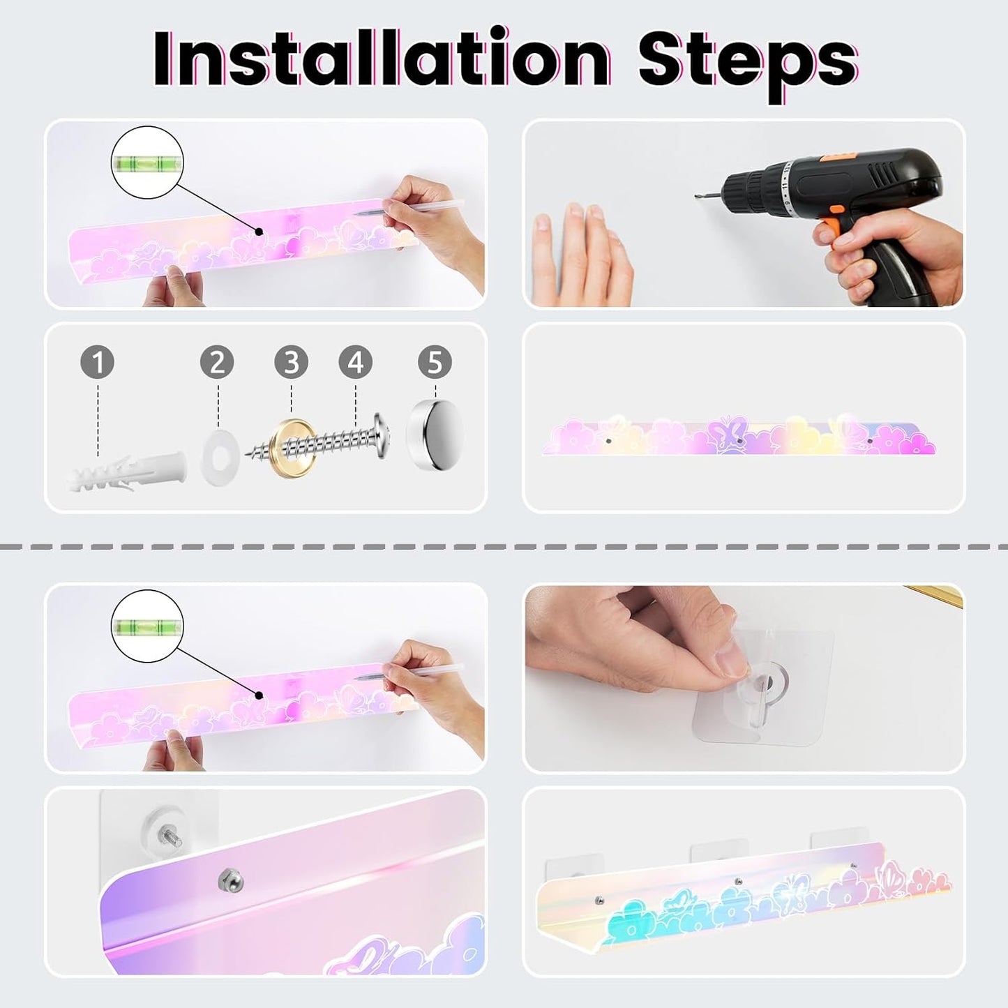 Floating Shelves for Wall,4 Pack 15.7’’x 3.5’’Adhesive Acrylic Shelves Organizer for Book Toy Photo Makeup,Wall-Mounted Kids Storage for Bathroom,Bedroom,Nursery,Iridescent Butterfly