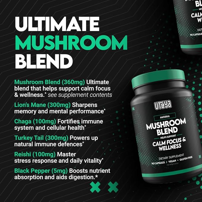 UTOYA Natural Mushroom Blend Supplements - Lions Mane Supplement Capsules with Reishi, Cordyceps, More for Calm, Focus and Wellness - Non-GMO Vegan/Gluten Free Multi Mushroom Supplement - 90 Capsules