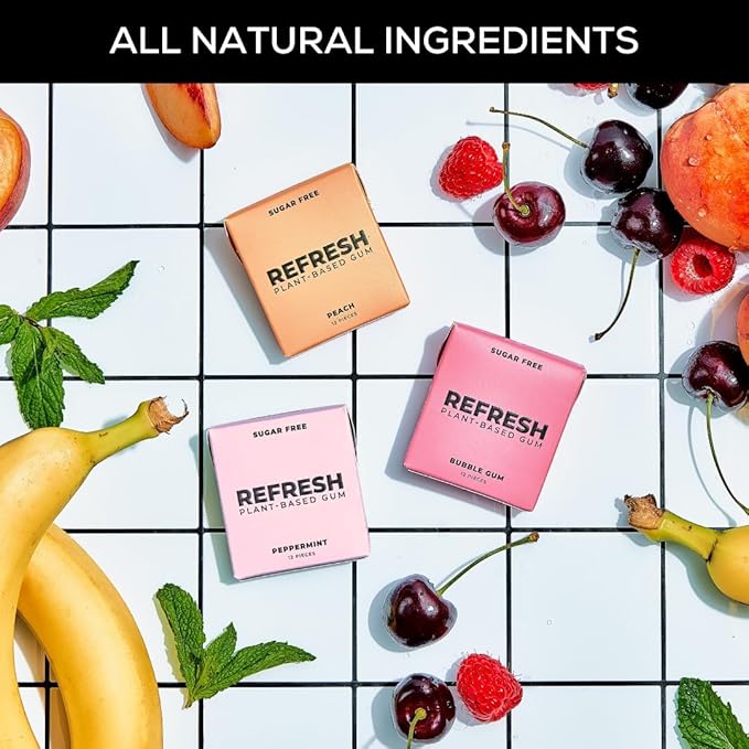 Refresh Gum, Xylitol, Natural, Sugar Free, Plastic Free, Aspartame Free, Natural Flavors & Organic Ingredients, Plant-Based, Low Calorie, Non GMO, Gluten Free, Vegan, Fruit Variety Flavor, 12 Pcs, 5 Pack