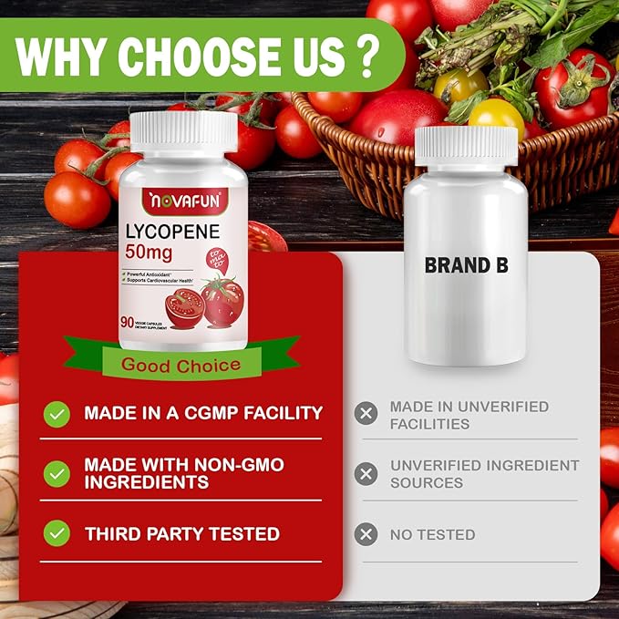 Lycopene Supplements for Men 50mg, Natural Tomato Antioxidant Supplement, 90 Veggie Capsules-Cardiovascular Health, Immune Support & Skin Health, 3 Month Supply