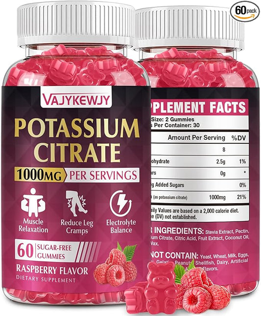 Potassium Citrate Gummies, High Potassium Supplement (1000mg), Supports Leg Cramps & Muscle Health, Suitable for Adults & Kids, Vegan, Non-GMO, 60-Count