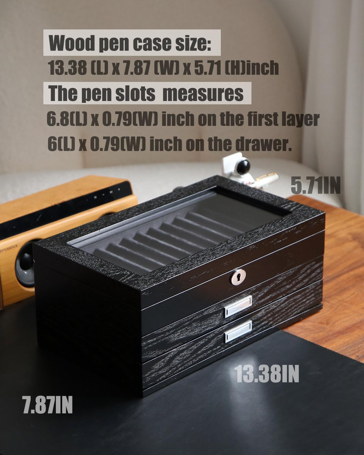 wood pen display case 36 slot Fountain pen Box storage Organizer with drawer, Top Glass Window Pen Collection Display Case