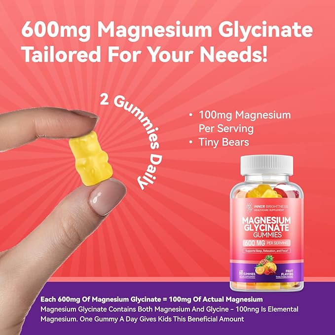 Magnesium Glycinate Gummies 600mg, Non-GMO, Gluten-Free, Magnesium Gummies for Adults & Kids, Sleep, Relaxation & Focus, 3 in 1 Flavor, 60 Count