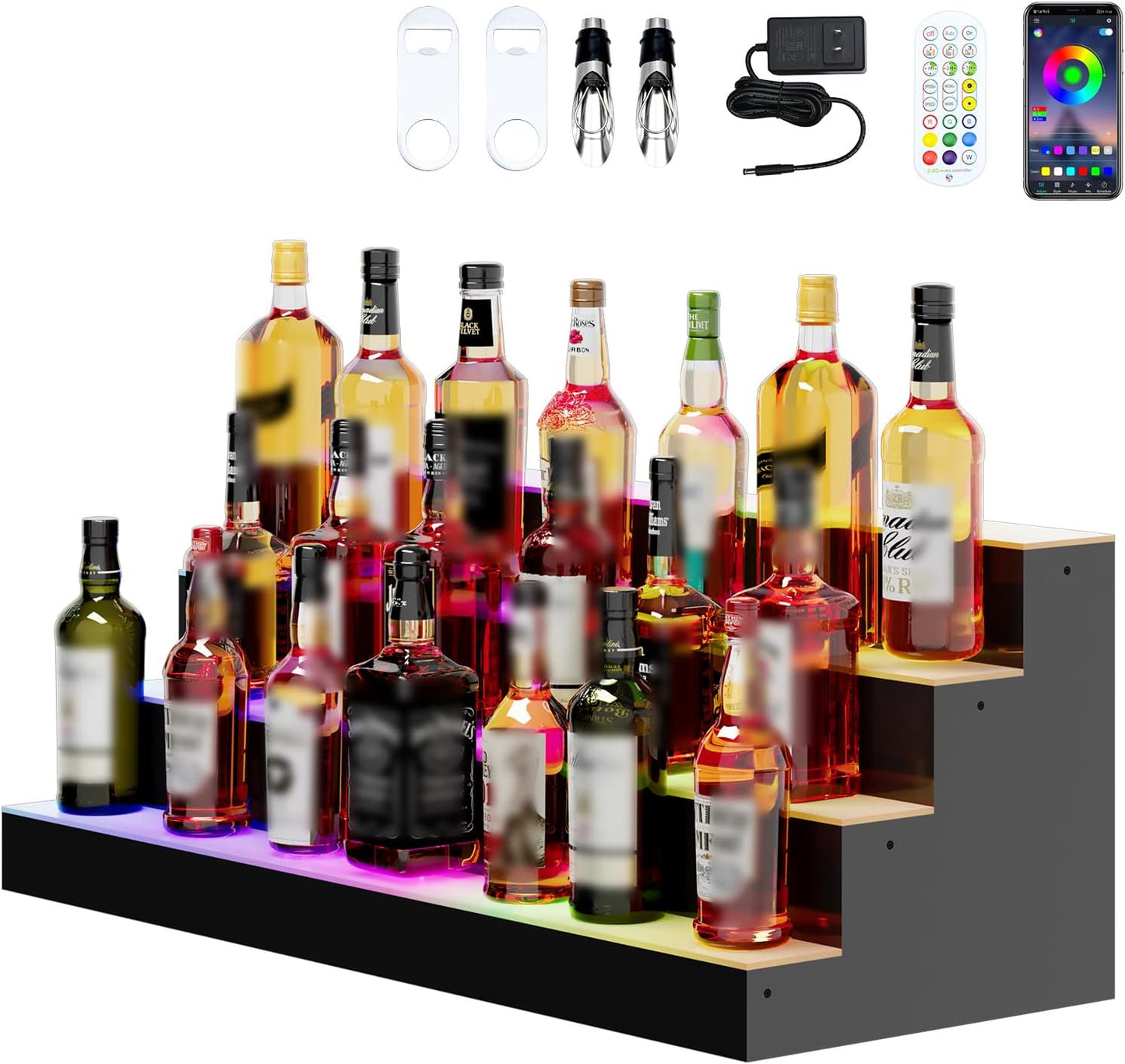 Dethan 4 Tier 40 Inch Liquor Bottle Display Shelf - Wine Racks with Multi-Color App & Remote Control, Adjustable Brightness & Sound Modes, Acrylic Bar Shelves for Commercial Clubs