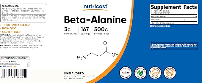 Nutricost Beta Alanine Powder 500 Grams (1.1lbs) - Pure Beta Alanine, Gluten Free & Non-GMO