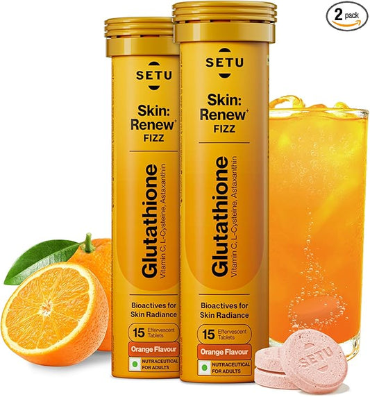 SETU Skin Renew, Glutathione with Vitamin C, Gluta Fizz, Supports Detoxification, Sugar-Free, Orange Flavour, 30 Effervescent Tablets