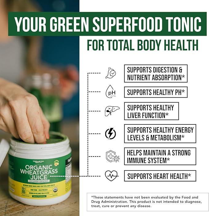 Organic Wheatgrass Juice Powder - Organically Grown in Volcanic Soil of Utah - Raw & BioActive Form, Cold-Pressed Then CO2 Dried, 20:1 Super Concentrate - Lemon (6.2 oz - 60 Servings)