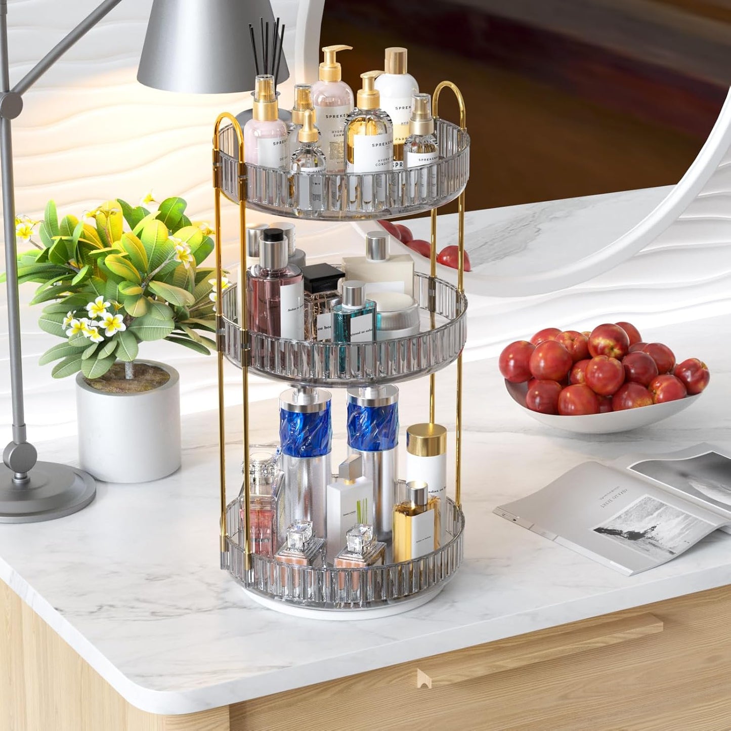 GTI 360°Rotating Makeup Organizer, 3 Tier Large Capacity Perfume Cosmetics Skincare Vanity Organizers,Bathroom Counter Organizer, Dresser Spinning Countertop Organizer and Storage for Women (Grey)