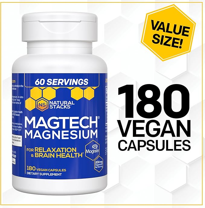 MagTech Magnesium Supplement - 3 Forms of Magnesium: Magtein L-Threonate, Glycinate & Taurate - 200mg Chelated Magnesium Complex - Supports Relaxation & Brain Health - 180 Capsules