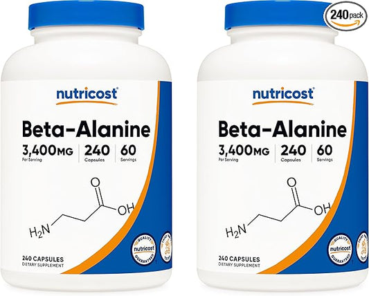 Nutricost Beta-Alanine Capsules 3400mg, 240 Caps (2 Pack) - Potent Beta Alanine, Gluten Free & Non-GMO, 850mg Per Cap, 60 Serv Per Bottle