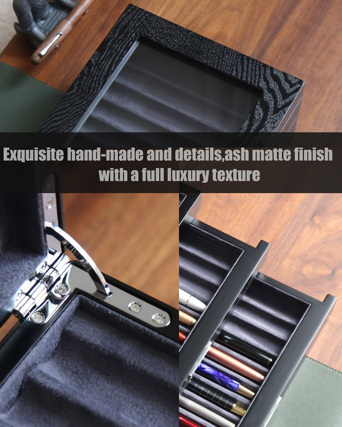 wood pen display case 36 slot Fountain pen Box storage Organizer with drawer, Top Glass Window Pen Collection Display Case