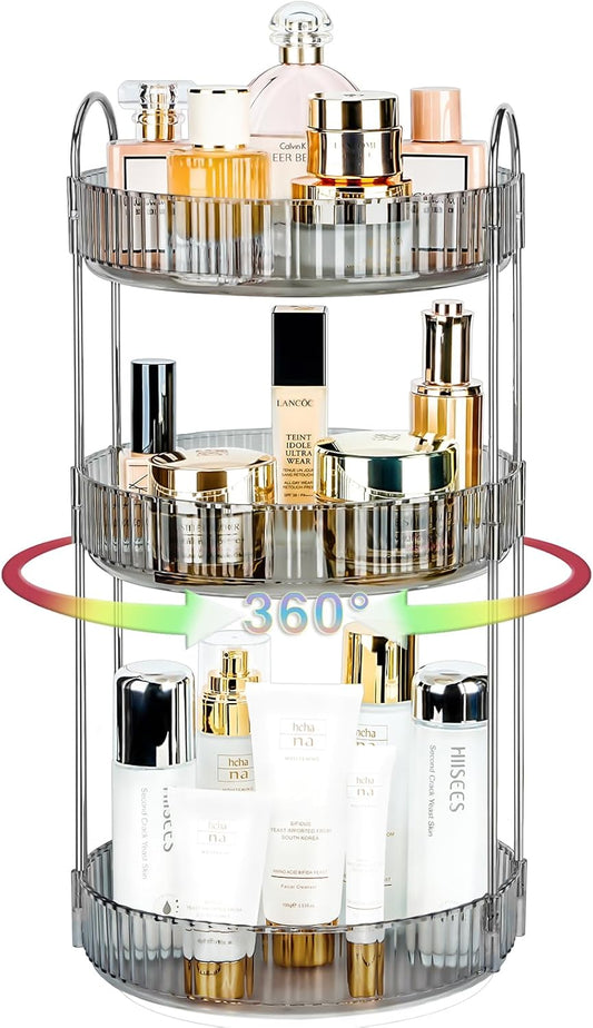 360 Rotating Makeup Organizer, 3 Tier Large Capacity Lazy Susan Bathroom Counter Organizer, Skincare Organizers, Spinning Perfume Organizer & Vanity Organizer Countertop (Classic Grey, 3 Tier)