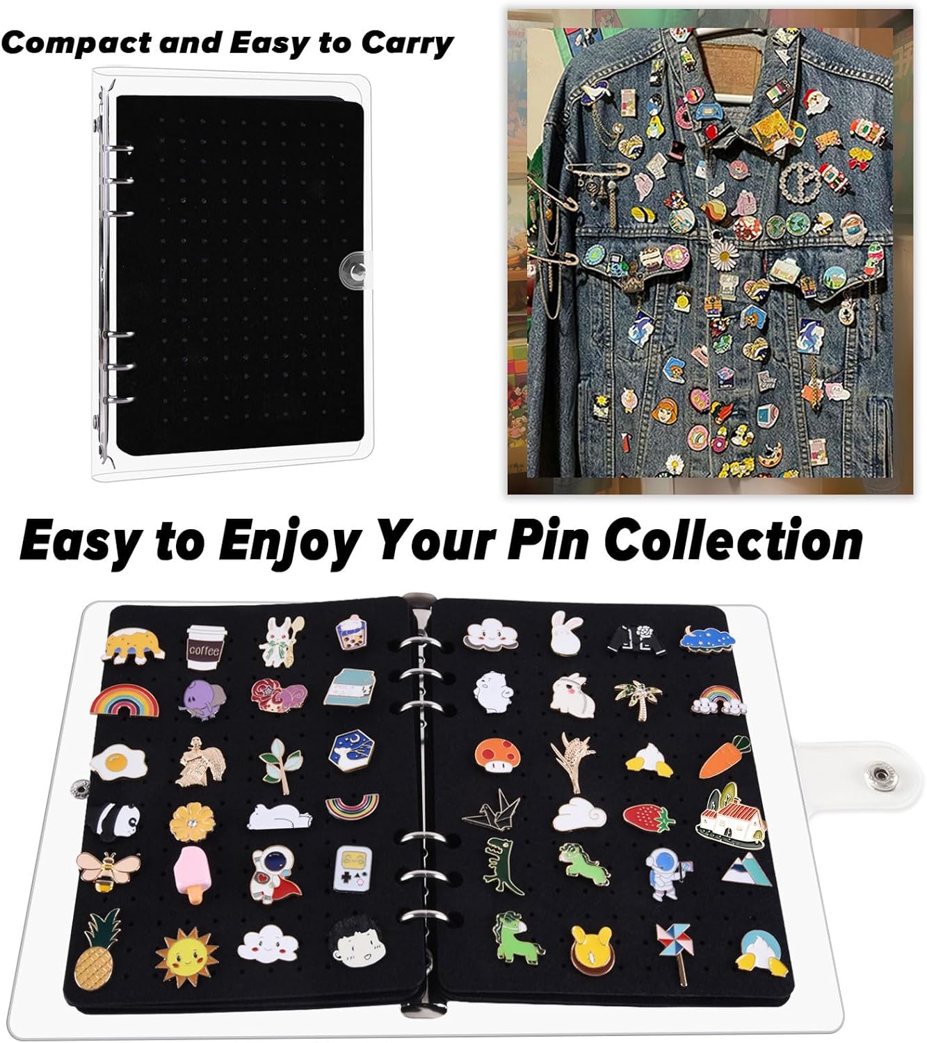 5 Pages A5 Enamel Pin Display Book, Pins Collection Storage Organizer Book,Clear PVC Cover, Portable Travel Pin Display Book for Brooch Collectors (Not Include Accessories).Black