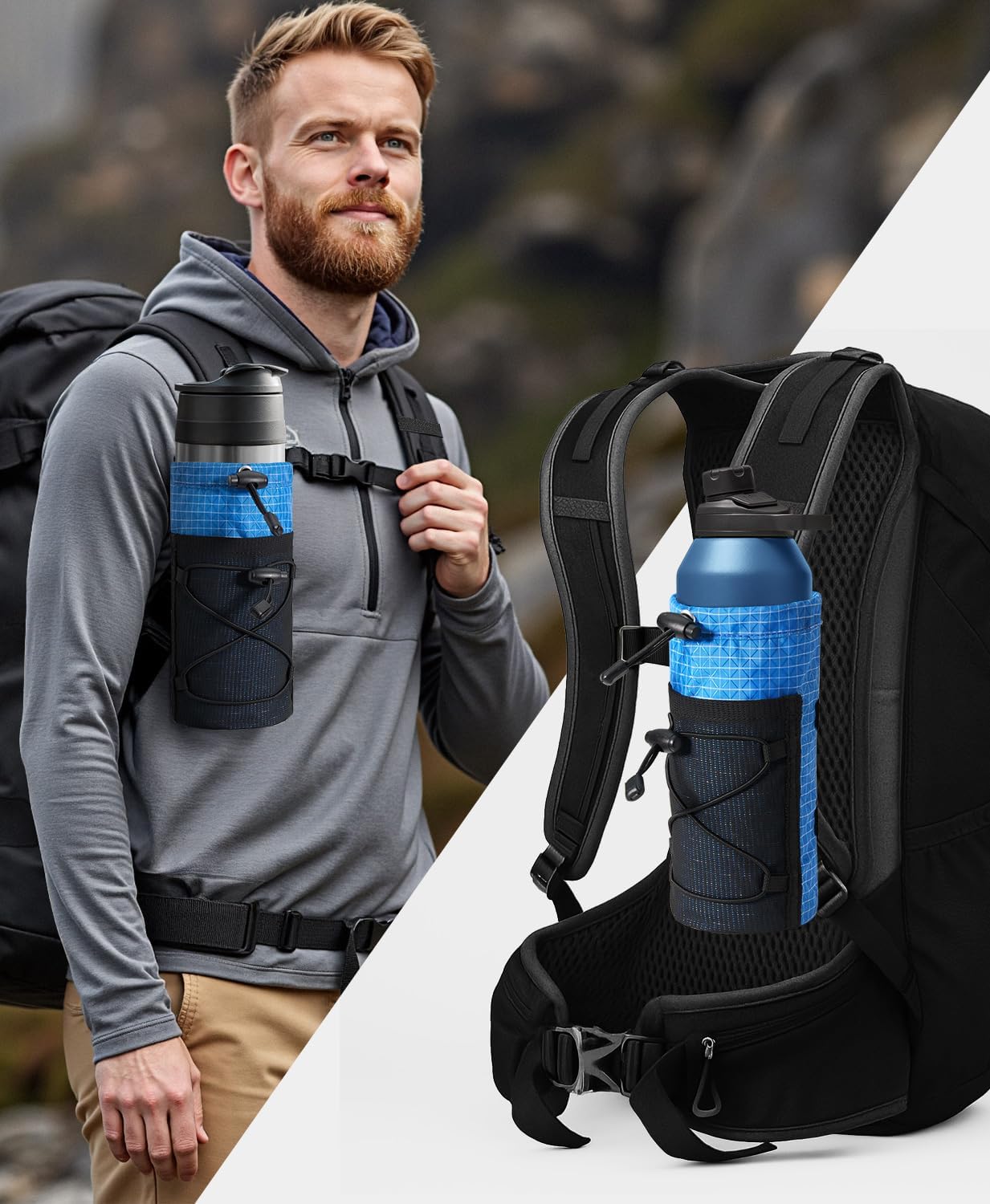 Large Water Bottle Holder Pouch Bag, Backpack Water Bottle Holder Mesh Bag Carrier Fits for 10-48oz Bottles, Heavy-Duty Water Bottles Holder Accessories for Hiking, Sports, Travel, Outdoor