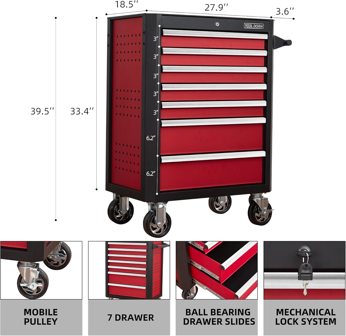 7-Drawer Rolling Tool Chest with Locking Wheels & Drawers, 18.5" D x 27.9" W x 39.5" H Mobile Tool Storage Cabinet, Heavy-Duty Garage Organizer w/Ergonomic Handle