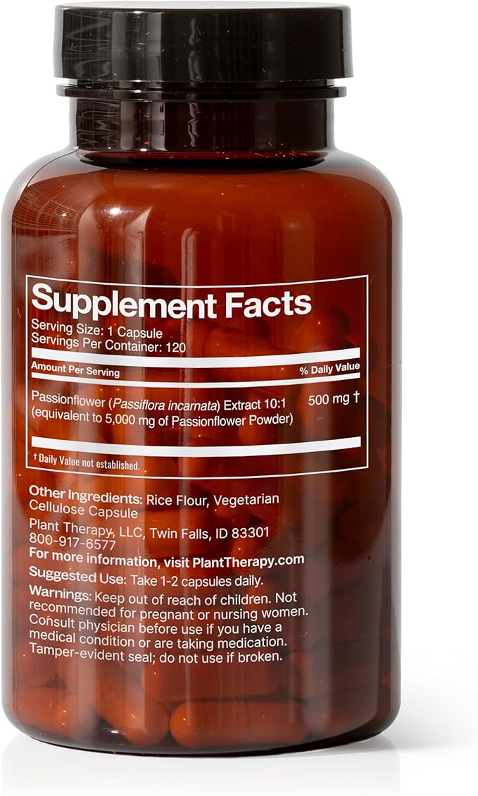 Plant Therapy Passion Flower Capsules Manufactured in USA Calms Nerves, Supports Sleep, Great Way to Wind Down Supplements for Women & Men 120 Count Vegetarian Capsule