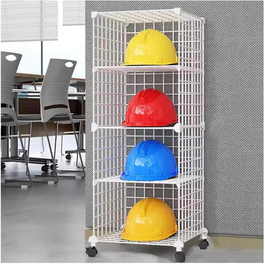Stackable Safety Helmet Storage Boxes, Large Adjustable Hard Hat Placement Organizer Rack,with Wheels,for Construction Site/Garage/Workshop/Factory Helmet Display Shelf (White, 4 Grids-1 * 4)
